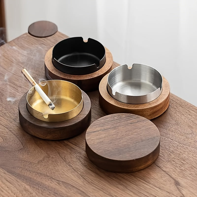 Stylish Wood And Stainless Steel Ashtray  - Perfect For Smoking And Cigar Lovers