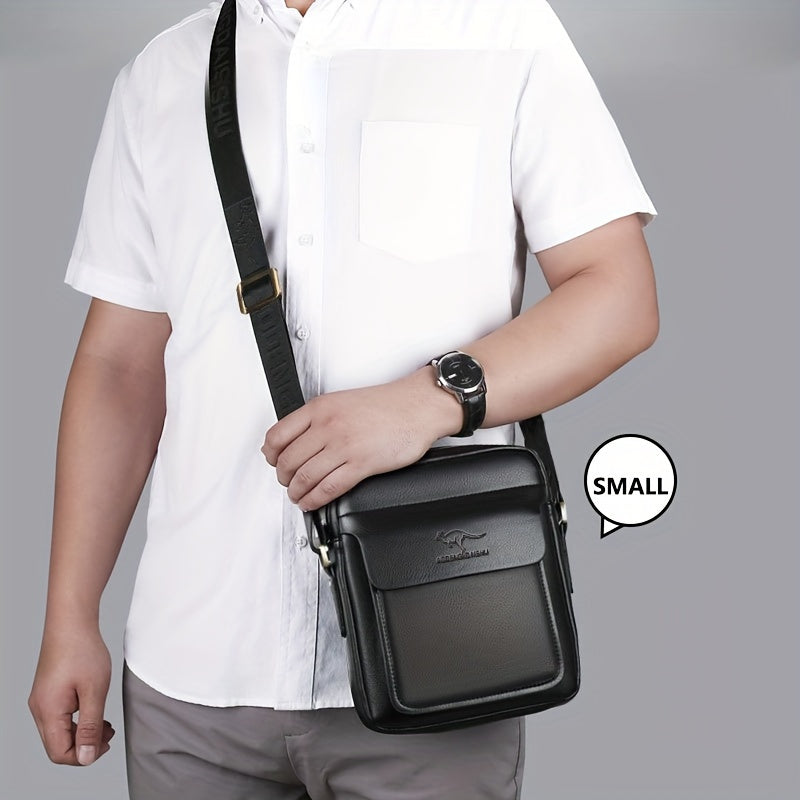 Men's Sleek Faux Leather Crossbody Bag - Adjustable Strap, Multi-Pocket Business & Casual Satchel in Black