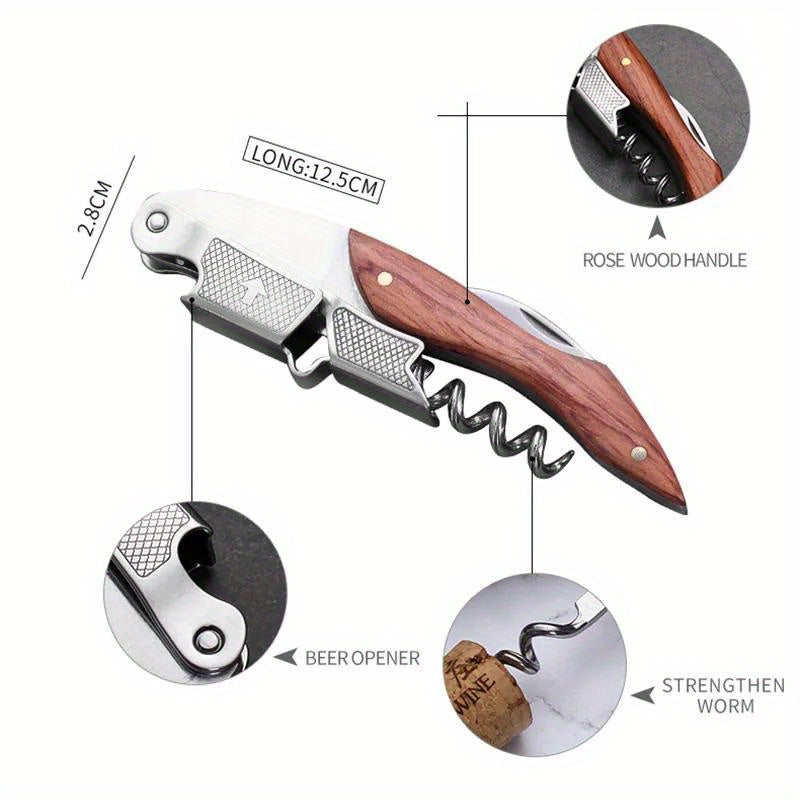 Corkscrew with Wooden Handle - Professional Wine & Beer Bottle Opener, Portable Multi-Function Kitchen Bar Tool