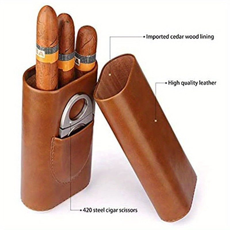 1pc, Cigar Box, High Quality 3-Finger Humidors Portable Cigar Box, Brown Cigar Faux Leather Case with Cigar Cutter