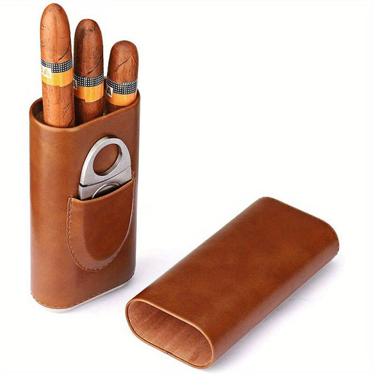 1pc, Cigar Box, High Quality 3-Finger Humidors Portable Cigar Box, Brown Cigar Faux Leather Case with Cigar Cutter