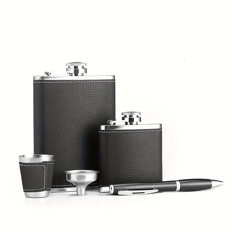 1 Set 8oz/1pc 30Z/1pc 80Z Black Leather Flask 8oz 18/8 stainless steel soft touch leather wrapped Flask Gift Set 2 cups and chimney 100% leak-proof